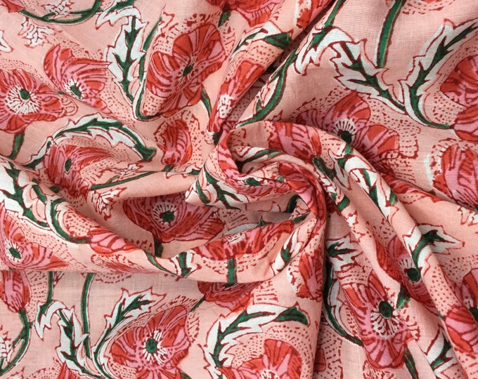 Indian block printed cotton muslin or blockprint cotton voile, hand made. Peach Jaipur blockprint