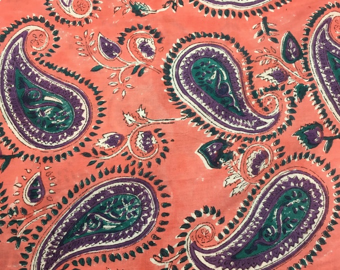 Indian block printed cotton muslin, hand made. Coral pink paisley Jaipur print