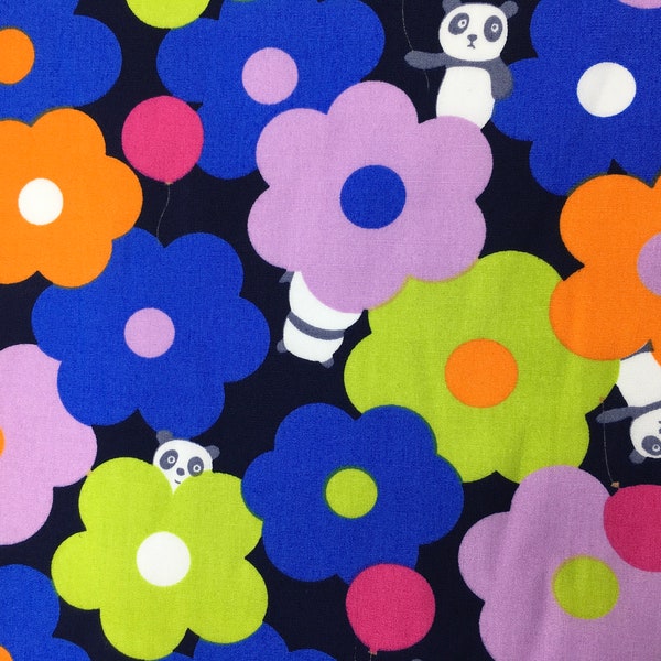 Popeline de coton Oekotex, fleurs vintage et pandas style kawaii sur fond marine