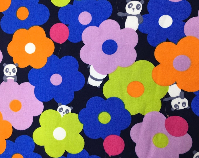 High quality cotton poplin with floral and panda kawaii print on navy