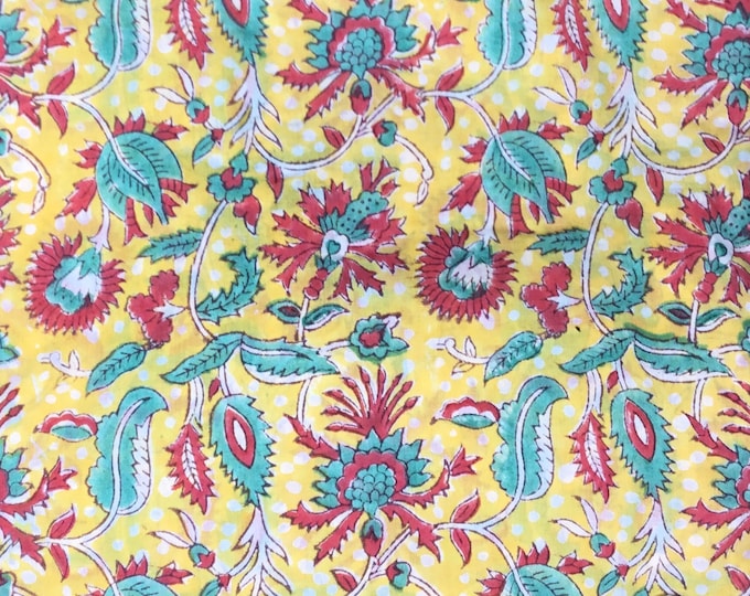 Indian block printed cotton voile, hand made. Yellow Jaipur