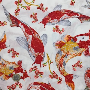 May include: White fabric featuring a repeating pattern of koi carp in red, orange, and grey. Small red floral branches are scattered amongst the fish. The design is inspired by Japanese art.