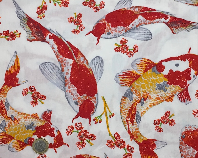 High quality cotton poplin printed in Japan, carpes koi on white