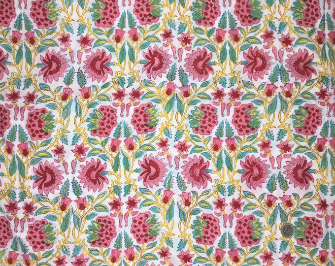 Indian block printed cotton muslin, hand made. Red and yellow floral Jaipur print