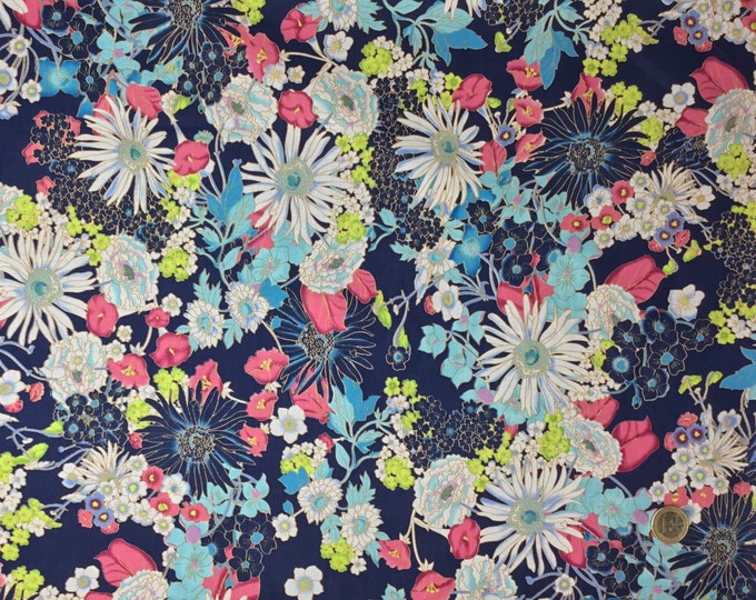 English Pima lawn cotton fabric, Aquarelle flowers on navy