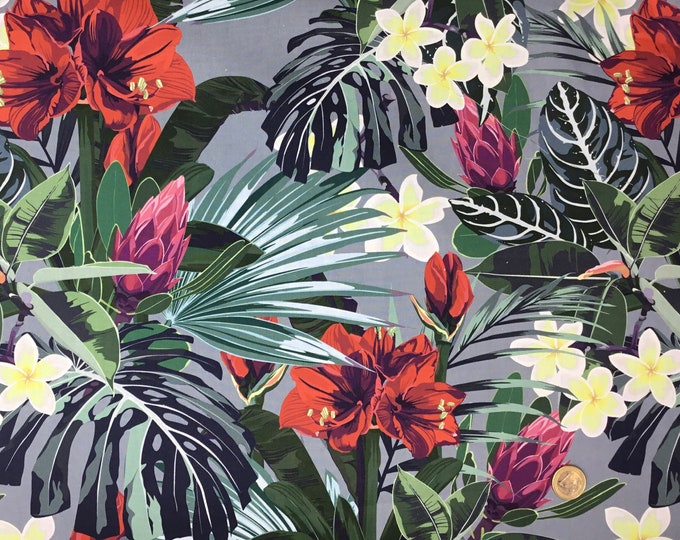 High quality cotton poplin, jungle print on grey