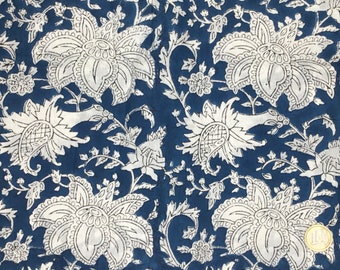 Tissu voile de coton imprimé à la main en Inde. Jaipur bleu canard