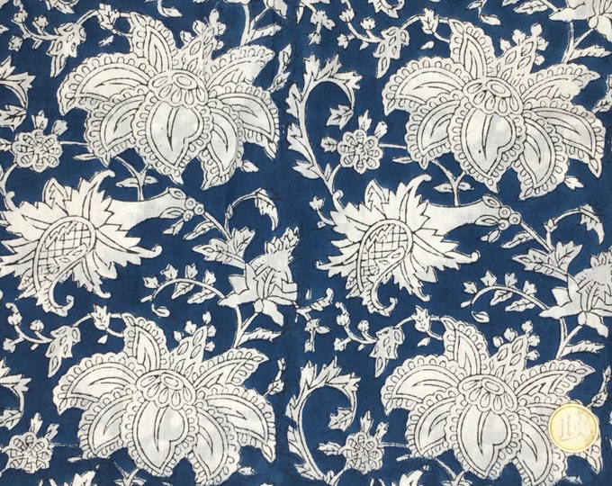 Indian block printed cotton muslin, hand made. Teal Jaipur block print