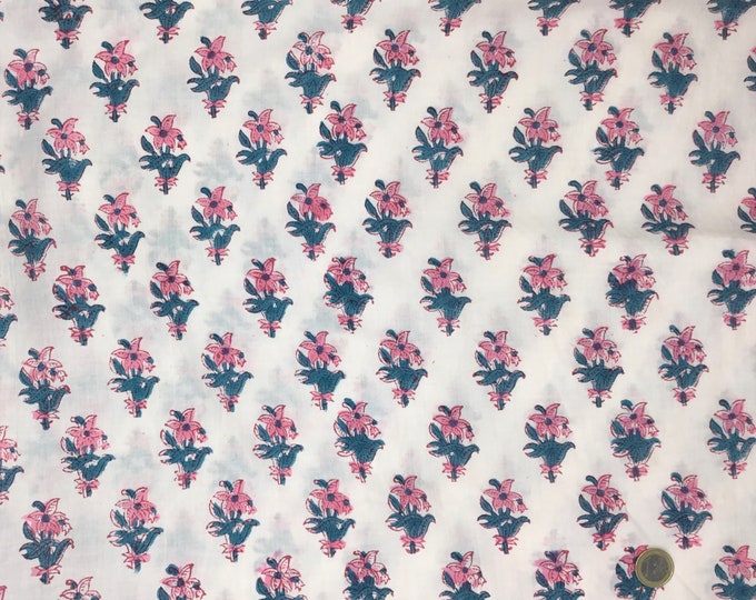 Indian block printed cotton muslin, hand made. Pink lilies block print