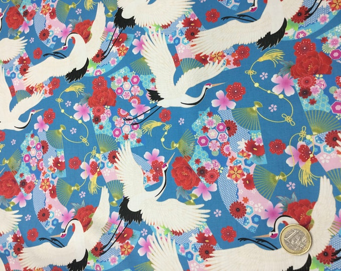 High quality cotton sateen or cotton satin, crane print on blue