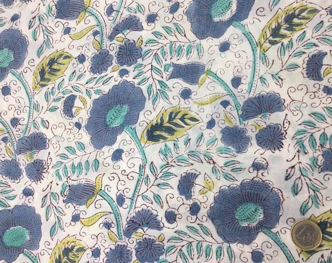 Indian block printed cotton muslin, hand made. Blue anemones Jaipur with