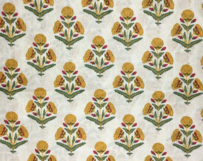 Indian block printed cotton muslin, hand made. Mustard thistle Jaipur print