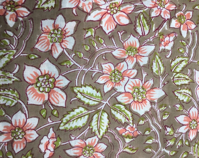Indian block printed, block print of blockprint cotton Jaipur, floral print on moss green