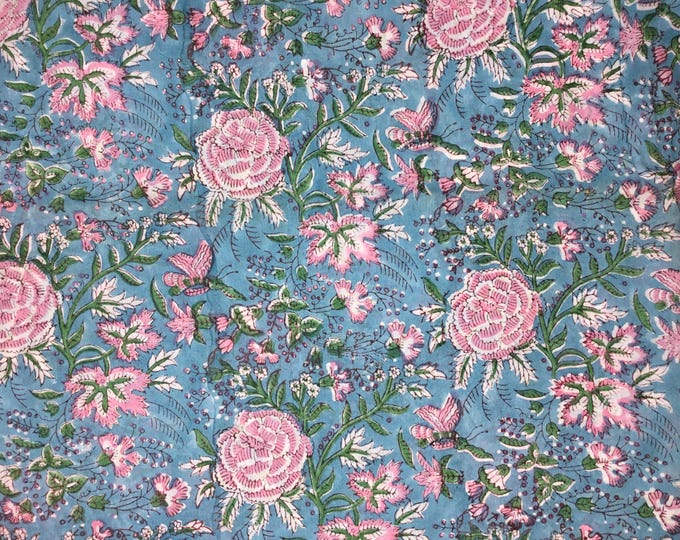 Indian block printed cotton voile, hand made. Roses on turquoise Jaipur block print
