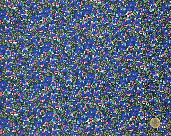 English Pima lawn cotton fabric, priced per 25cm. Berries on navy