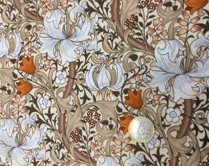English Pima lawn cotton fabric, jugend style lily foliage, mustard lilies