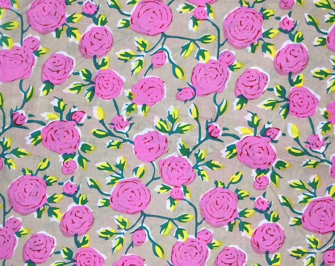 Indian block printed cotton voile, hand made. Jaipur roses on beige