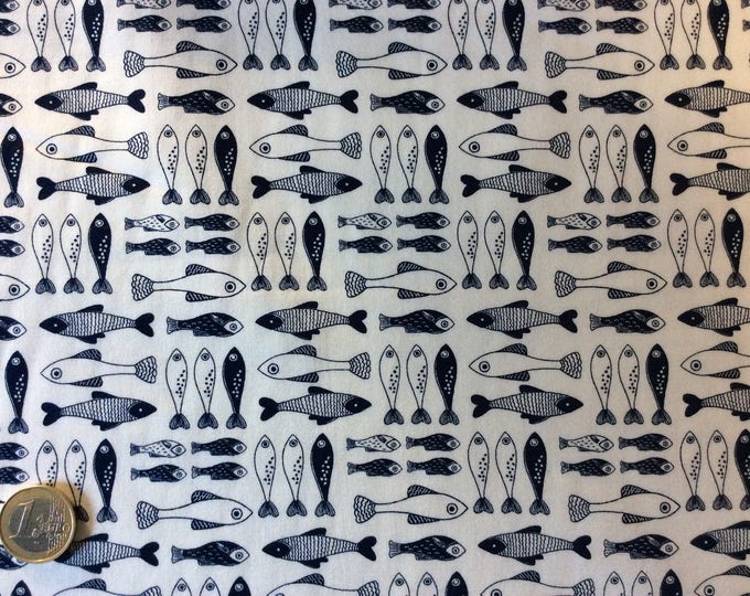 High quality cotton poplin, white and navy fish print