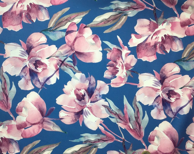 High quality cotton poplin, digital peonies print on blue