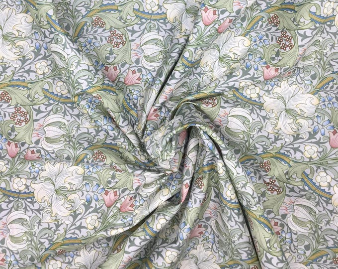 English Pima lawn cotton fabric, jugend style lily foliage, lilies