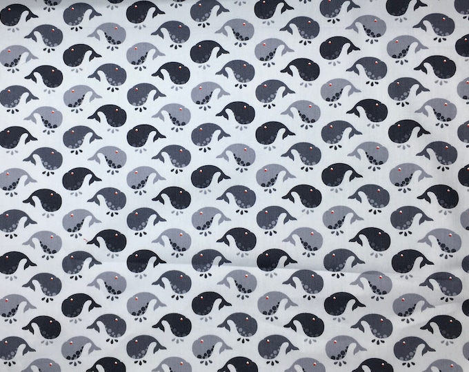 High quality cotton poplin. Moby Dick. Whales on grey