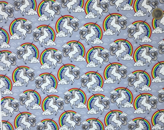 High quality cotton poplin, unicorns on grey