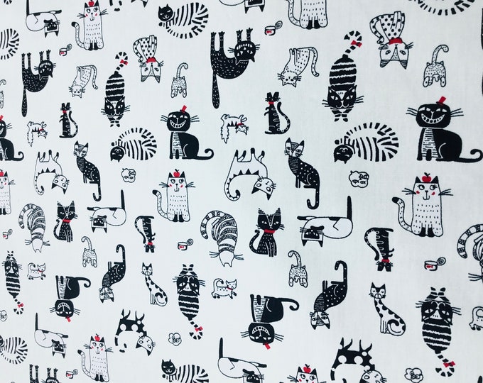 High quality cotton poplin, black cats on off white