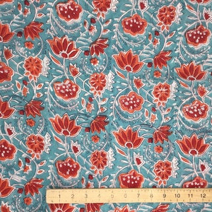 Indian block printed cotton muslin, hand made. Turquoise tulips Jaipur blockprint image 8