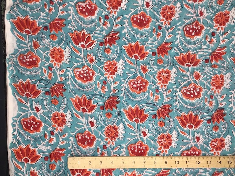 Indian block printed cotton muslin, hand made. Turquoise tulips Jaipur blockprint image 8