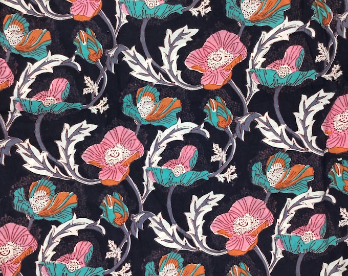 Indian block printed cotton voile, hand made. Jaipur black Poppies