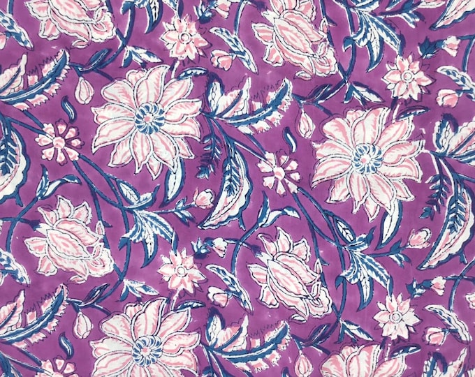 Indian block printed, block print of blockprint cotton Jaipur, flowers on purple