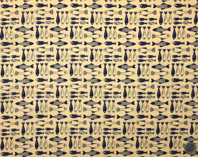 High quality cotton poplin, yellow and navy fish print