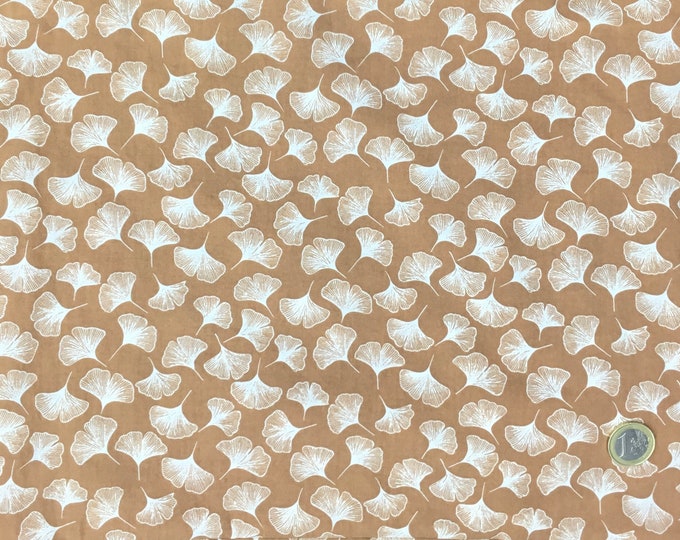 English Pima lawn cotton fabric, gingko leaves on brown