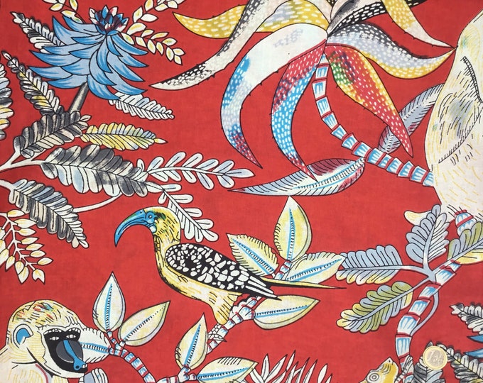 Indian block printed cotton muslin, hand made. Birds and geckos on red Jaipur