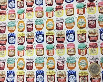 May include: A fabric featuring a repeating pattern of jam jars. The jars contain various preserves, such as blueberry jam, raspberry preserves, and honey. The jars have colourful lids and labels, set against a white background.