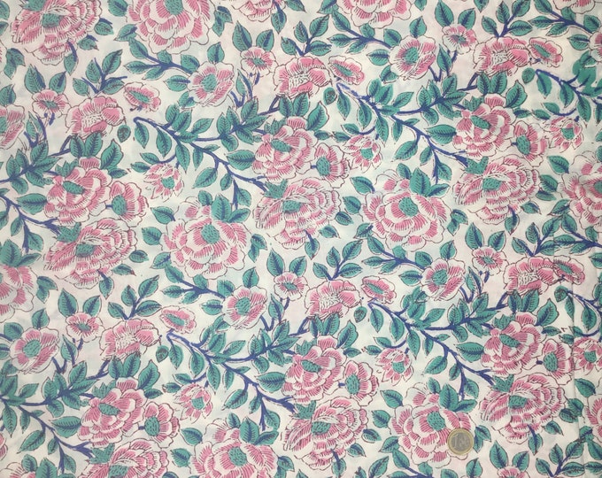 Indian block printed cotton muslin, hand made. Roses on off shore. Jaipur block print