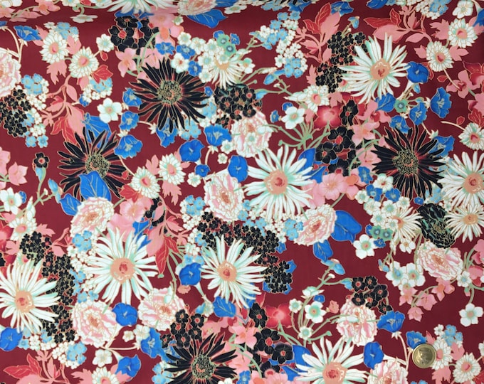 English Pima lawn cotton fabric, Golden flowers on red