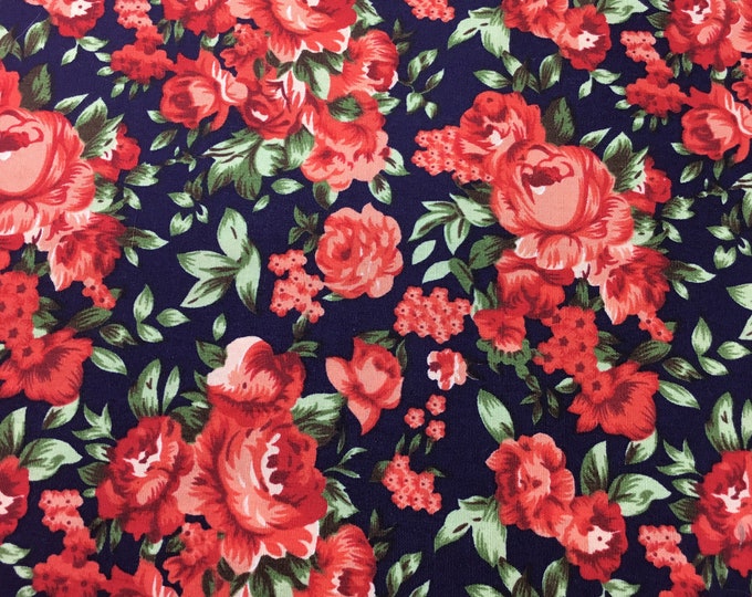 High quality cotton poplin. Coral rose print on navy