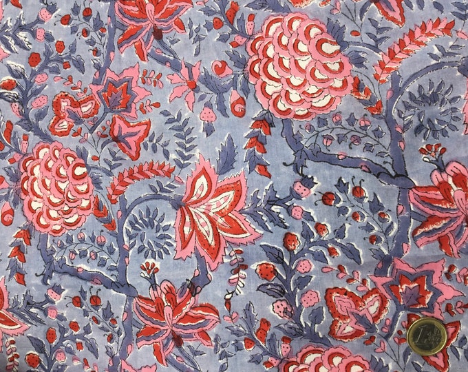 Indian block printed cotton muslin, hand made, star flowers on tempest blue Jaipur blockprint