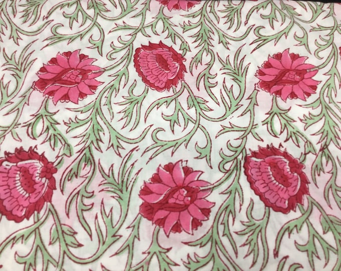 Indian block printed cotton voile, hand made. Pink floral Jaipur