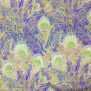 English Pima lawn cotton fabric, royal blue peacock feathers
