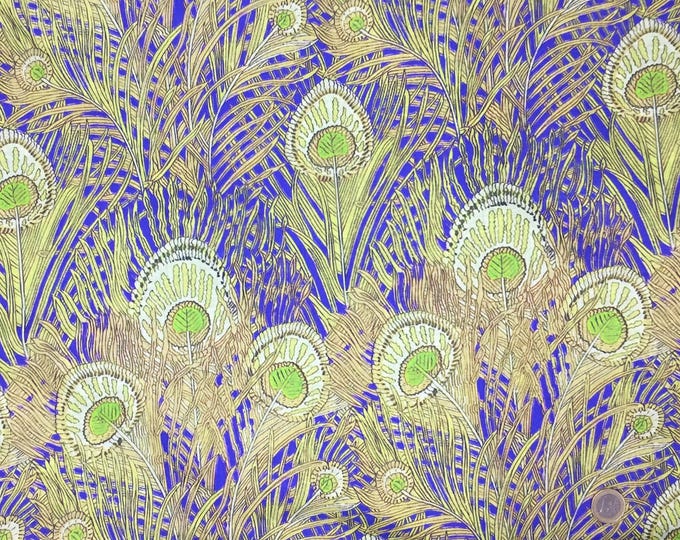 English Pima lawn cotton fabric, royal blue peacock feathers