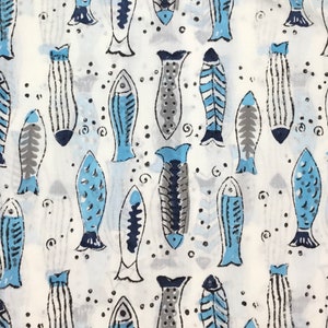 Indian block printed cotton voile, hand made. Jaipur Blue fishes