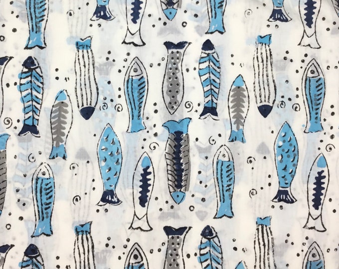 Indian block printed cotton voile, hand made. Jaipur Blue fishes