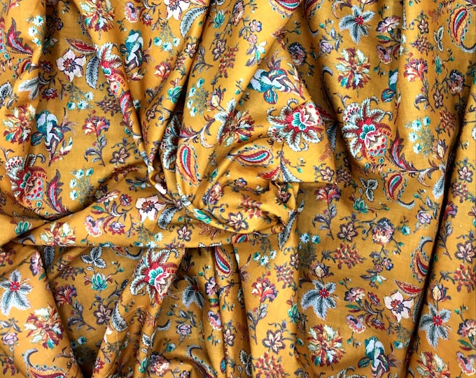 English Pima lawn cotton fabric, English flowers on mustard