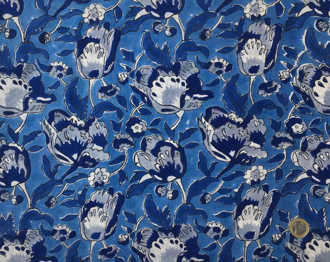 Indian block printed cotton voile, hand made. Royal blue Jaipur