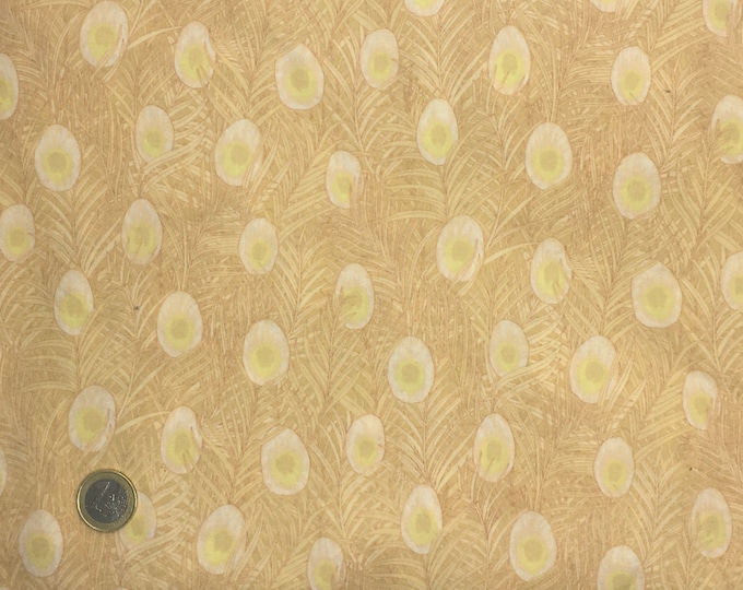 English Pima lawn cotton fabric, priced per 25cm. Gold feathers