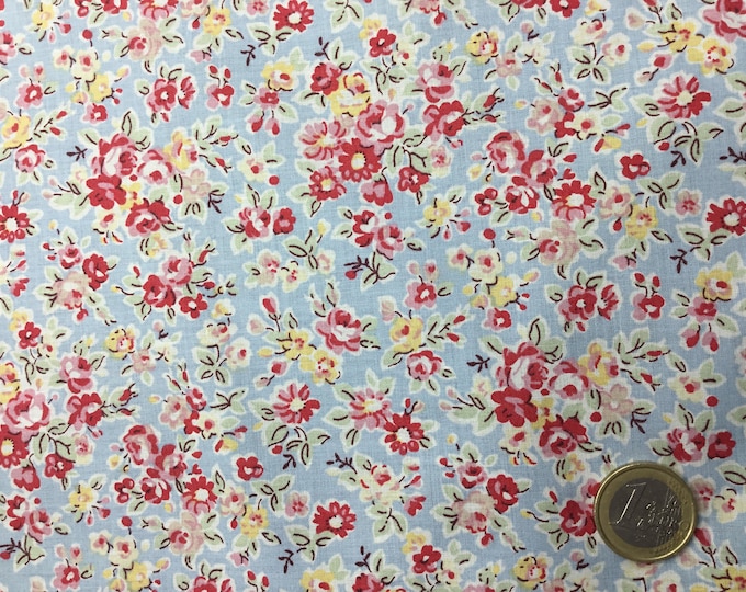 English Pima lawn cotton fabric, Roses on blue