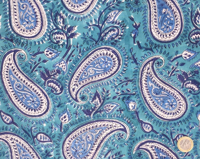 Indian block printed cotton muslin, hand made. Cashmere sky blue Jaipur block print