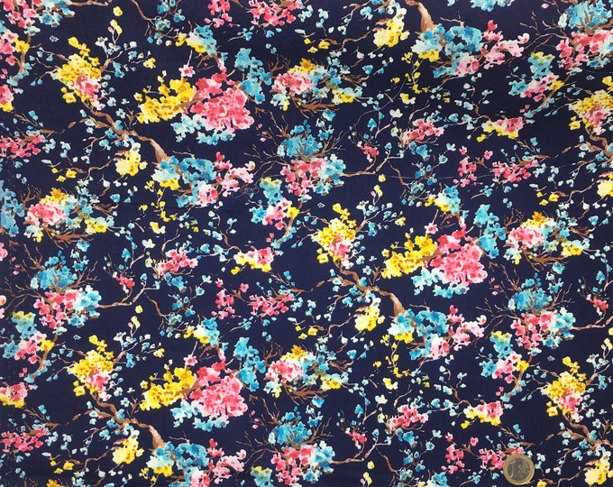 Cotton poplin with floral Sakura print on navy